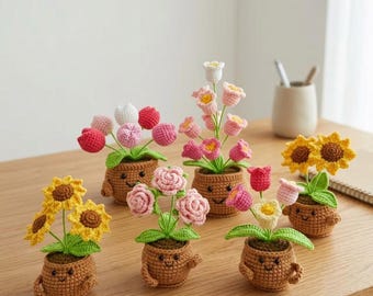 Crochet Flowers in Pot,Knit Plant in Pot,Tulip,Lily of the valley,Rose,Sunflower,Home Decor,Anniversary,Birthday,Graduation Gift for Her