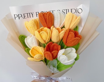 Crochet Tulip Flowers Bouquet,Knit Rose,Forget-me-not fake Flowers,18th Birthday,1st Anniversary,Wedding Gifts For Best Friend,Wife,Mom,Dad