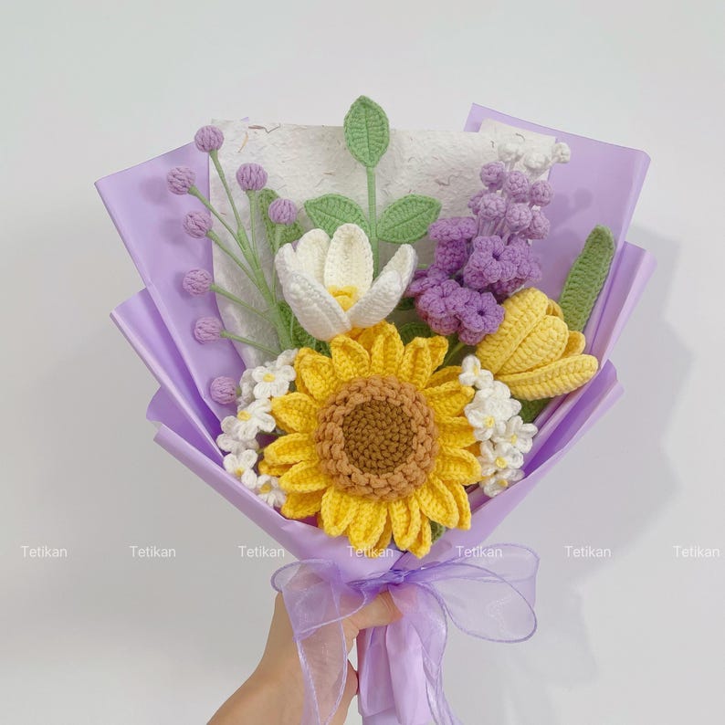 Crochet Sunflower Bouquet,Knit Tulip,Lily,Rose,Gesang,forget-me-not Flowers Bouquet,Birthday,Anniversary Gifts For Wife,Graduation Gifts L Sunflower Bouquet