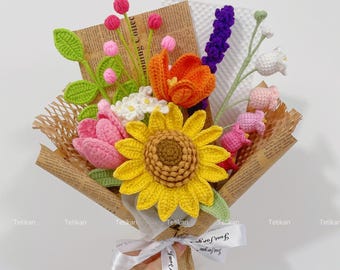 Finished Crochet Sunflowers Bouquet,Tulip,Lily,Rose,Forget-me-not,Birthday,Anniversary,Get well soon Gifts For Girlfriend,Mom,Dad,Partner