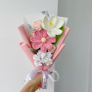 Crochet Tulip Flowers Bouquet: Handmade Yarn Flowers, Birthday Gift,Gift-ready Pink s bouquet