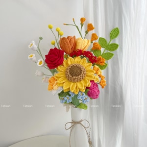 Crochet Sunflower Bouquet,Knit Tulip,Lily,Rose,Gesang,forget-me-not Flowers Bouquet,Birthday,Anniversary Gifts For Wife,Graduation Gifts K Sunflower Bouquet