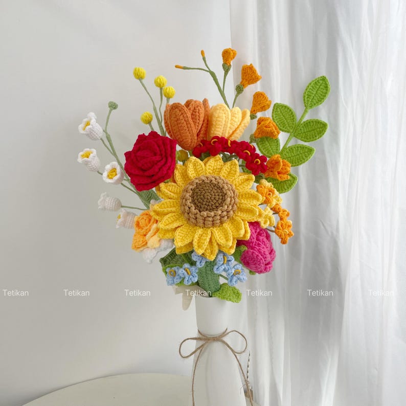Crochet Sunflower Bouquet,Knit Tulip,Lily,Rose,Gesang,forget-me-not Flowers Bouquet,Birthday,Anniversary Gifts For Wife,Graduation Gifts K Sunflower Bouquet