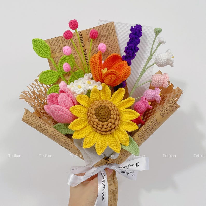 Crochet Sunflower Bouquet,Knit Tulip,Lily,Rose,Gesang,forget-me-not Flowers Bouquet,Birthday,Anniversary Gifts For Wife,Graduation Gifts N Sunflower Bouquet