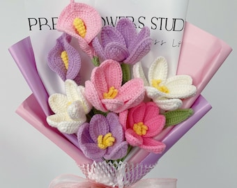 Crochet Colorful Tulip Bouquet,Knit Blue,Pink,Orange,White,Yellow Tulip Flowers,Finished Crochet Bouquet,Birthdays,Anniversaries Gifts