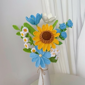 Crochet Sunflower Bouquet,Knit Tulip,Lily,Rose,Gesang,forget-me-not Flowers Bouquet,Birthday,Anniversary Gifts For Wife,Graduation Gifts E Sunflower Bouquet