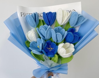 Bouquet di tulipani blu all'uncinetto, bouquet di tulipani viola, rosa, arancioni e rossi, regali di anniversario, compleanno e congratulazioni per