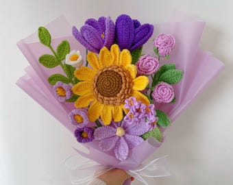 Crochet Sunflower Bouquet,Knit Flowers in Vase,Crochet Tulip,Rose,Lily of the Valley Bouquet,Anniversary,Birthday Gifts for Girlfriend,Mom
