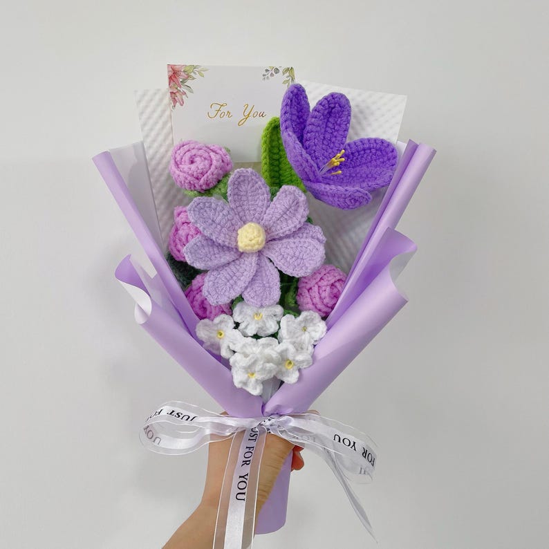 Crochet Tulip Flowers Bouquet: Handmade Yarn Flowers, Birthday Gift,Gift-ready Purple s bouquet