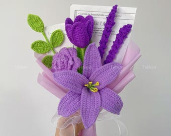 Finished Crochet Purple Lily Bouquet,Knit Pink Blue Tulip Rose Snowberry Flowers,Birthday,Anniversary,Friendship,Grandparents Gifts For Her