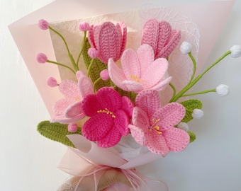 Bouquet di tulipani rosa all'uncinetto, bouquet di tulipani e rose lavorati a maglia, regali di compleanno, anniversario, amicizia per fidanzata, mamma, moglie, nonna