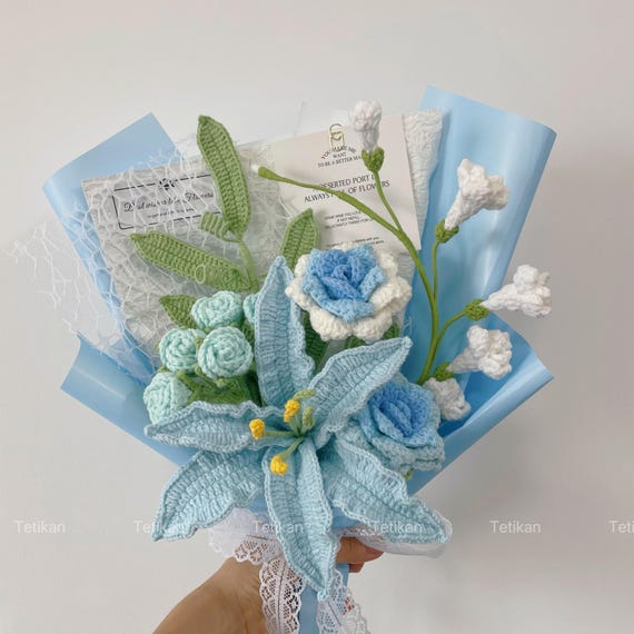 Crochet Blue Lily Bouquet: Handmade Knit Rose,tulip,daisy,lily of