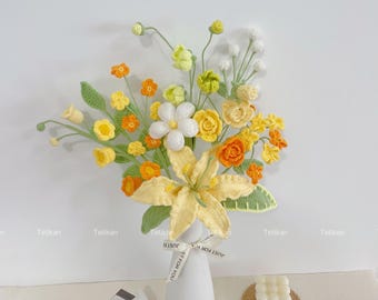 Crochet Lily Flowers Bouquet,Knit Rose,Tulip,Daisy,Lily of the valley,Forget-me-not Forever Flowers Bouquet,Birthday,Anniversary Gifts