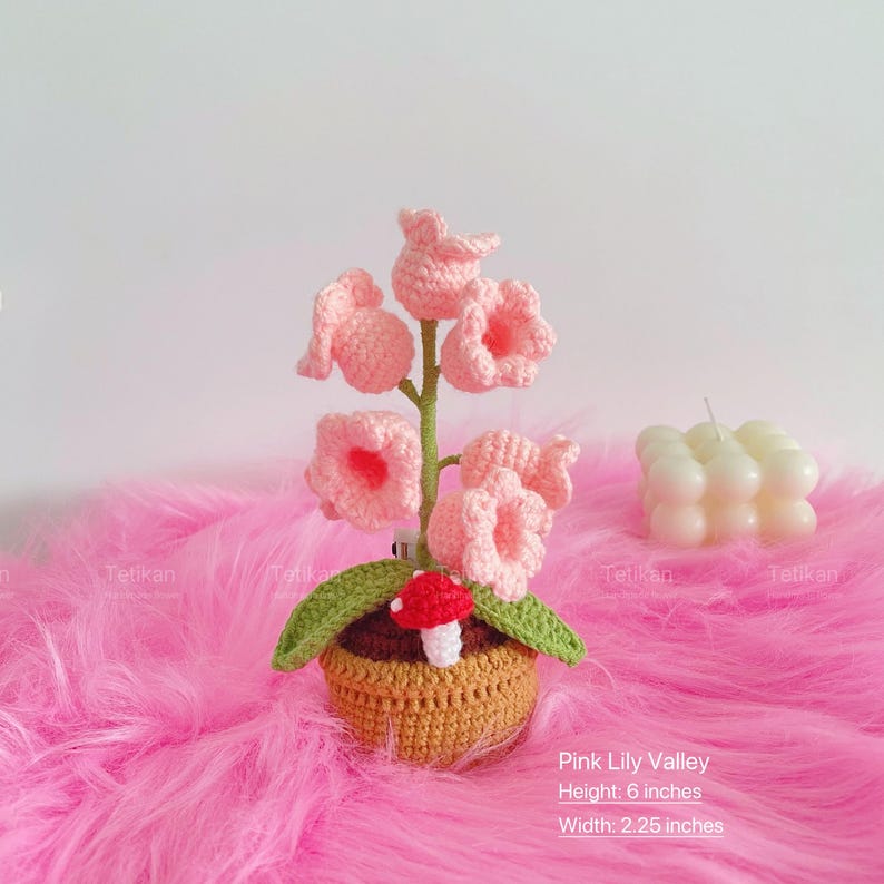 Crochet Lily of the Valley Lamp,Flowers Pot,Plant Pot,Home Decor,Crochet Flowers Light,Anniversary,Birthday gift for Dad,Mom,Best Friend Pink（With light）