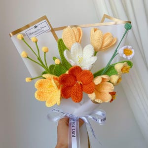 Crochet Tulip Flowers Bouquet: Handmade Yarn Flowers, Birthday Gift,Gift-ready Orange mix bouquet
