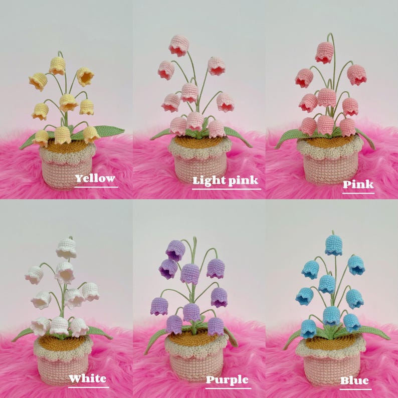 May include: A collection of six crocheted lily-of-the-valley plants in various colors: yellow, light pink, pink, white, purple, and blue. Each plant is in a beige pot with green leaves and the color name labeled below.