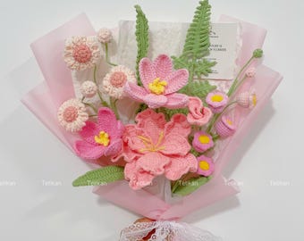 Crochet Pink Tulip Flowers Bouquet,Knit Platycodon,Grandiflorum,Rose,Congratulations,Anniversary,Birthday Gifts for Mom,Wife,Girlfriend