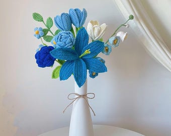 Crochet Blue Lily Flowers Bouquet,Knit Tulip Lily Rose Flowers Bouquet in Vase,Forever Flowers,Birthday,Anniversary,Valentine's Day Gifts