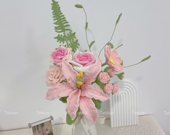 Crochet Pink Lily Flowers Bouquet,Knit Tulip,Rose,Gesang,forget-me-not Bouquet,Birthday,Anniversary Gifts For Girlfriend,Wife,