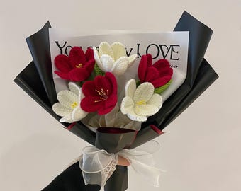Crochet Red Tulip Rose Flowers,Small Bouquet,Anniversary,Birthday,Congratulations,Valentine's Day Gifts For Girlfriend,Wife,Mother,Dad