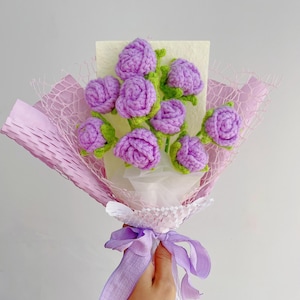 Häkeln Sie lila Rosenblumen,Kleiner Strauß,Strickblumen,Häkelblumenstrauß,Häkeln Sie Tulpenlilien-Rosen-Blume,fertigen Sie Häkelblumenstrauß