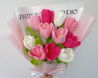 Gehäkelte Tulpen Blumenstrauß, fertig gestrickte Tulpen-Rosenblumen, Geburtstag, Jahrestag, Glückwunschgeschenk für Freundin, Mutter, Vater, Schwester