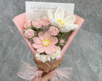 Crochet Rose Tulip Flowers Bouquet,Finished Small Bouquet,Birthday,Anniversary Gifts For Mom,Dad,Wife,Husband,Grandfather,Grandmother