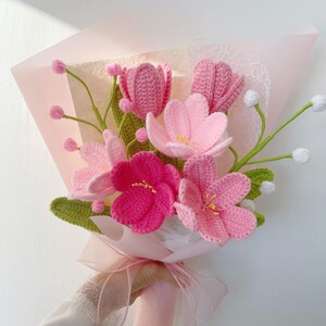 Crochet Tulip Flowers Bouquet: Handmade Yarn Flowers, Birthday Gift,Gift-ready Pink mix bouquet