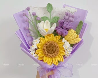 Crochet Sunflower Bouquet,Tulip,Lily,Rose,forget-me-not Flowers Bouquet,Birthday,Anniversary,Get Well Soon,Congratulate Gifts For Girlfriend