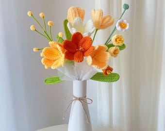 Crochet Orange Tulip Flowers,Knit Blue Purple Pink Red Tulip Bouquet,Finished Crochet Flower Bouquet in a vase,Birthday,Anniversary gifts