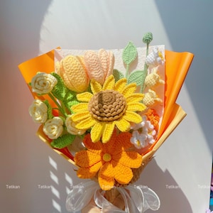 Crochet Sunflowers Bouquet,Flowers in Vase,Knit Tulip,Lily of the Valley,Rose Bouquet,Birthday,Anniversary,Congratulations Gifts For Friend