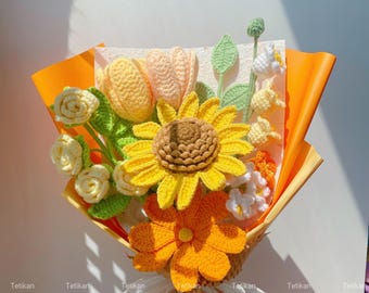 Crochet Sunflowers Bouquet,Flowers in Vase,Knit Tulip,Lily of the Valley,Rose Bouquet,Birthday,Anniversary,Congratulations Gifts For Friend