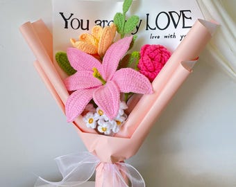 Crochet Pink Lily Flowers Bouquet,tulip Lily Rose Flowers,birthday