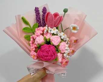 Crochet Pink Rose Bouquet,Knit Tulip Rose Lily Flowers,Finished Bouquet,Birthday,Anniversary,Congratulations,Get well soon Gift For Mom