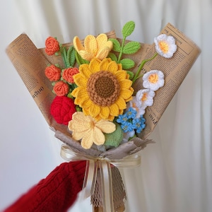 Crochet Sunflower Flowers Bouquet,Crochet Bouquet in Vase,Finished  Knit Tulip Daisy Rose Bouquet,Birthday,Anniversary gift for Girlfriend