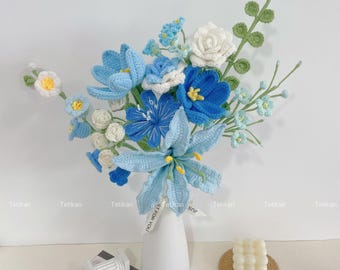 Crochet Blue Lily Bouquet,Rose,Tulip,Daisy,Lily of the valley Bouquet,Forever Flowers,Birthday,Anniversary,Congratulations,Christmas Gift