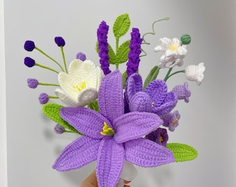 Crochet Purple Lily Flowers Bouquet,Finished Tulip Rose Bouquet,Congratulations,Birthday,Anniversary Gifts,Flower Arrangement in Vase