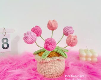 Crochet Pink Tulip Flowers Pot,Purple,Orange,Sunflower in Pot,Anniversary,Housewarming,Friendship,Gift For Mom Dad,Desktop decorations