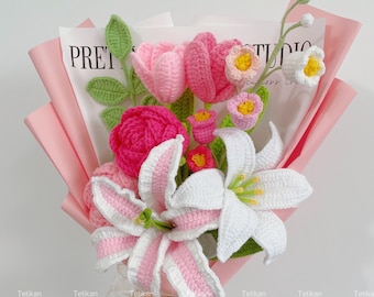Crochet Lily Flowers Bouquet,Knit Tulip Rose Bouquet,Birthday,Anniversary,Congratulations,Valentine's Day Gifts for Girlfriend,Wife,Mom
