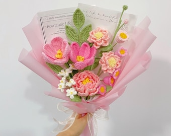 Crochet Tulip Peony Bouquet,Crochet Rose,Daisy,Forget-me-not,Lily of the valley,Jasmine Flowers Bouquet,Birthday,Anniversary,Get Well Gifts