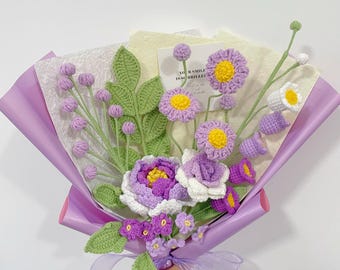 Crochet Purple Rose Peony Bouquet,Tulip,Daisy,Forever Flowers,Graduation,Birthday,Anniversary,Congratulations Gift For Friend,Girlfriend,Mom