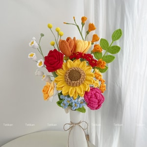 Gehaakt boeket zonnebloemen, gebreide tulp, roos, lelie, lelietje-van-dalenboeket, verjaardag, jubileum, feliciteer cadeaus voor vriendin