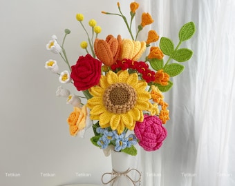 Crochet Sunflowers Bouquet,Knit Tulip,Rose,Lily,Lily of the valley Bouquet,Birthday,Anniversary,Congratulate Gifts for Girlfriend