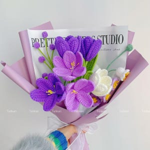Crochet Tulip Flowers Bouquet: Handmade Yarn Flowers, Birthday Gift,Gift-ready Purple mix bouquet