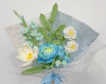 Ramo de peonías azules de crochet, tulipanes de crochet, rosas, delphiniums, ideal para aniversarios, felicitaciones, graduaciones, cumpleaños y regalos para mejores amigos.