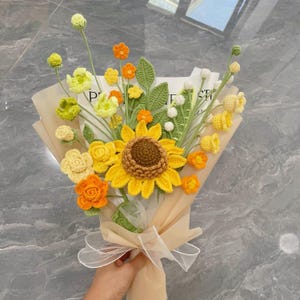 Crochet Sunflower Bouquet,Knit Tulip,Lily,Rose,Gesang,forget-me-not Flowers Bouquet,Birthday,Anniversary Gifts For Wife,Graduation Gifts F Sunflower Bouquet