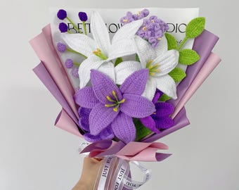 Ramo de flores de lirio de ganchillo terminado, tejido morado, tulipán rosa, nomeolvides, regalo de cumpleaños, aniversario y pronta recuperación para novias.
