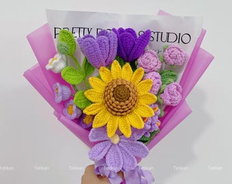Bouquet di girasoli all'uncinetto, tulipani, gigli, rose e fiori non-ti-scordar-di-me, per compleanno, anniversario, ritorno a scuola, amicizia, regali di inaugurazione della casa