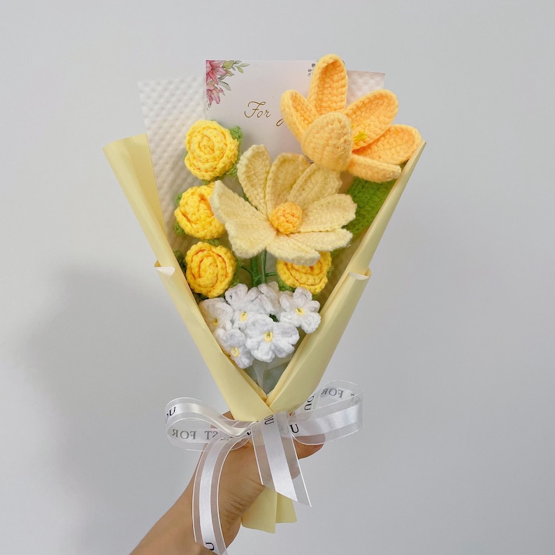 Crochet Tulip Flowers Bouquet: Handmade Yarn Flowers, Birthday Gift,Gift-ready Yellow s bouquet