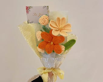 Crochet Orange Tulip Flowers Bouquet,Yellow Orange Knit Tulip Rose Forget-me-not sunflowers Flowers Bouquet,Birthday, Anniversary Gifts